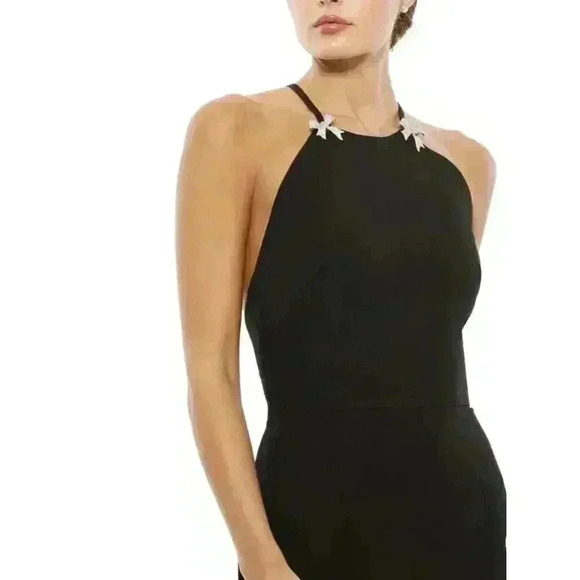 Mac Duggal Halter Criss Cross Column Gown 0 XS Rhinestone Bow Maxi Dress Formal - Picture 9 of 12